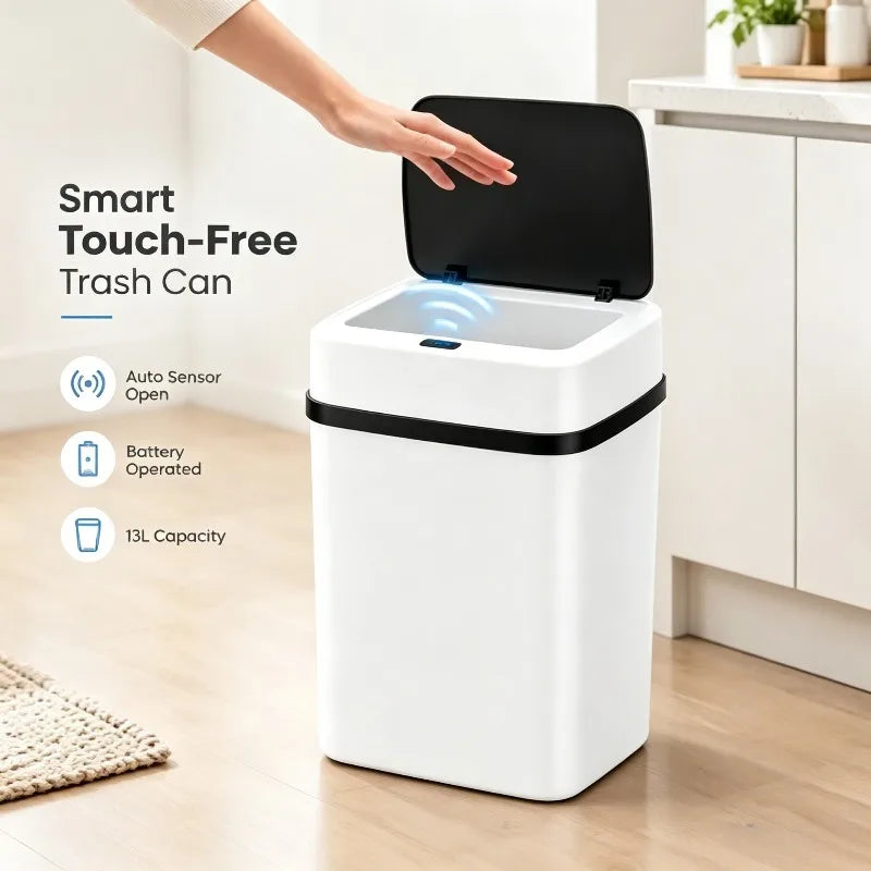 13L Smart Automatic Touch-Free Trash Can Motion Sensor Battery Dustbin Waste Bucket for Kitchen Bathroom Home Office Indoor ﻿