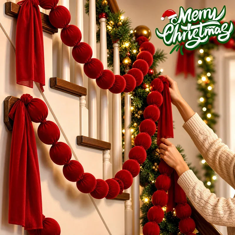 Christmas Hanging Ball Garland Red Cloth Ball String DIY Xmas Tree Window Hanging Decor Smooth Soft Fabric Balls Party Supply