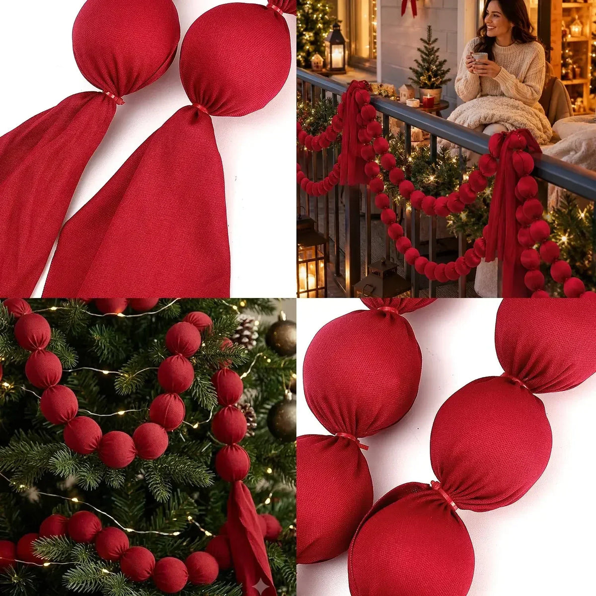 Christmas Hanging Ball Garland Red Cloth Ball String DIY Xmas Tree Window Hanging Decor Smooth Soft Fabric Balls Party Supply