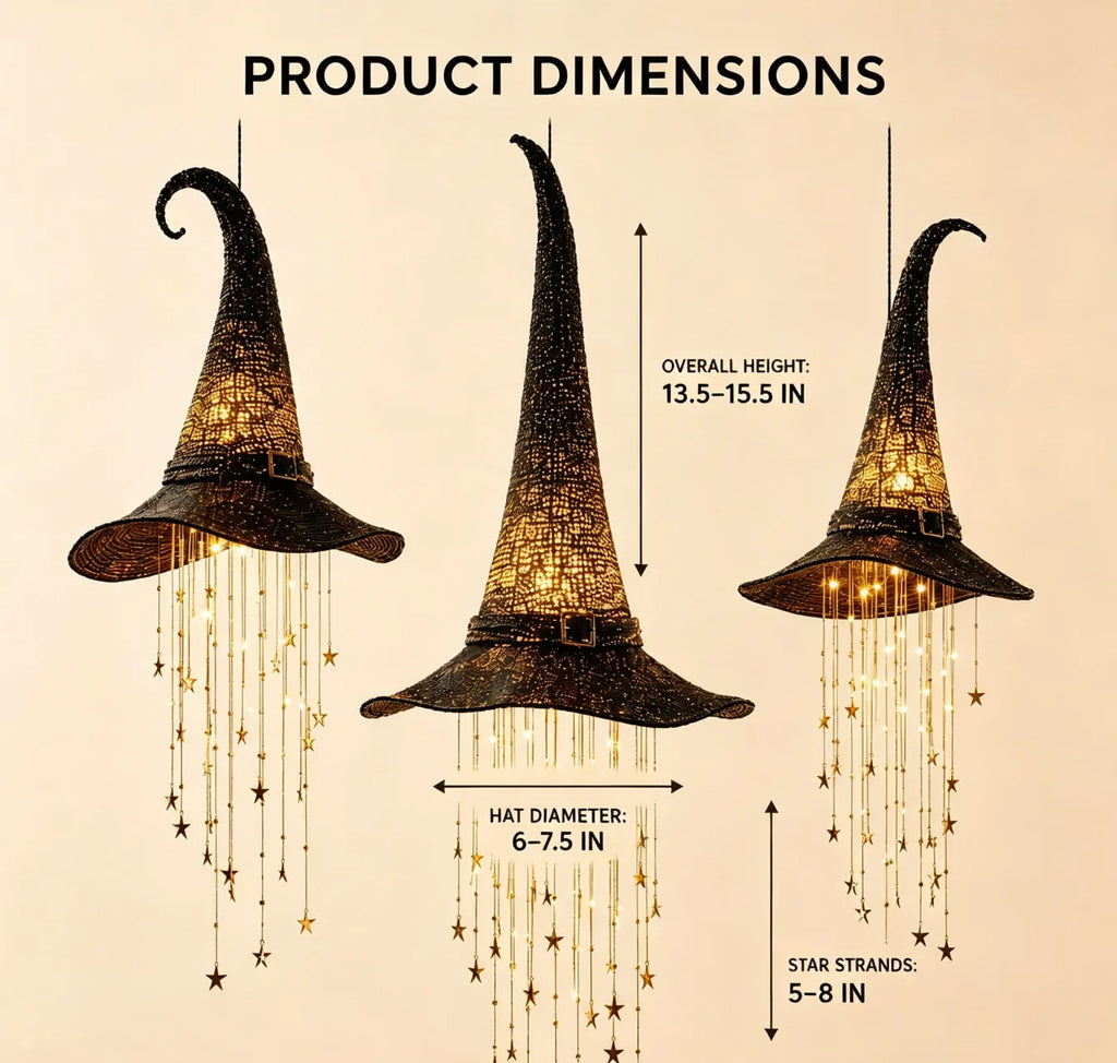 Lighted Witch Hat Hanging Chime, Halloween Outdoor Ornament, Glowing Mesh Cascading Stars, Black Frame Decoration, Party Decor