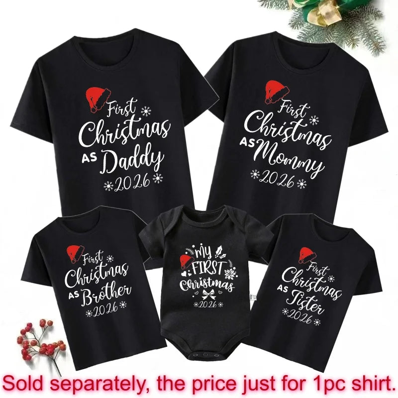 First Christmas As Daddy Mommy Brother Sister 2026 Family Matching Outfits Santa Hat Print Family Look Xmas T‑Shirt Baby Romper