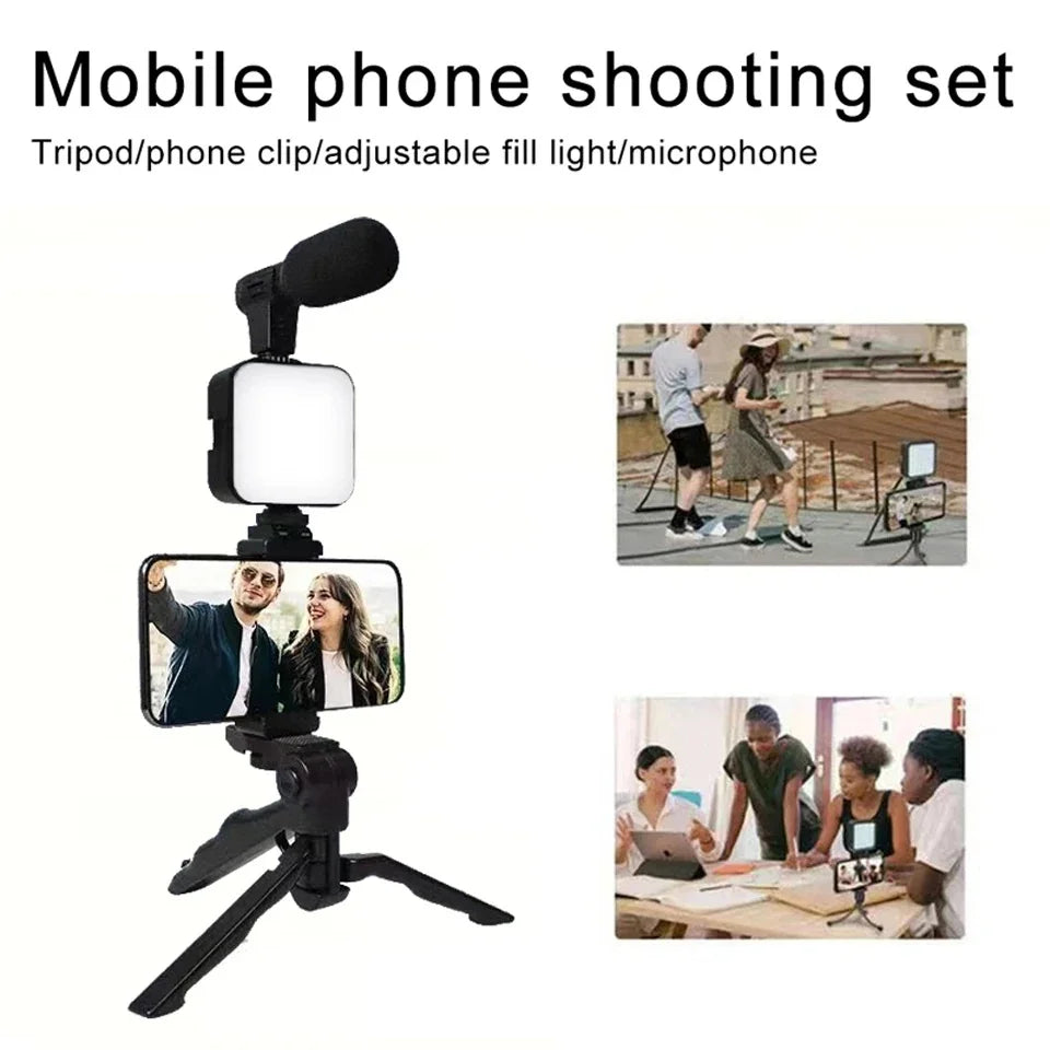 Smartphone Vlogging Kit With Tripod Phone Holder Mini Microphone LED light