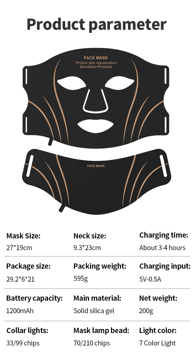 Flexible Silicone Face and Neck Mask 7 Colors High Energy Photon Masks Wireless LED Facial Mask Effortless Daily Skin Care