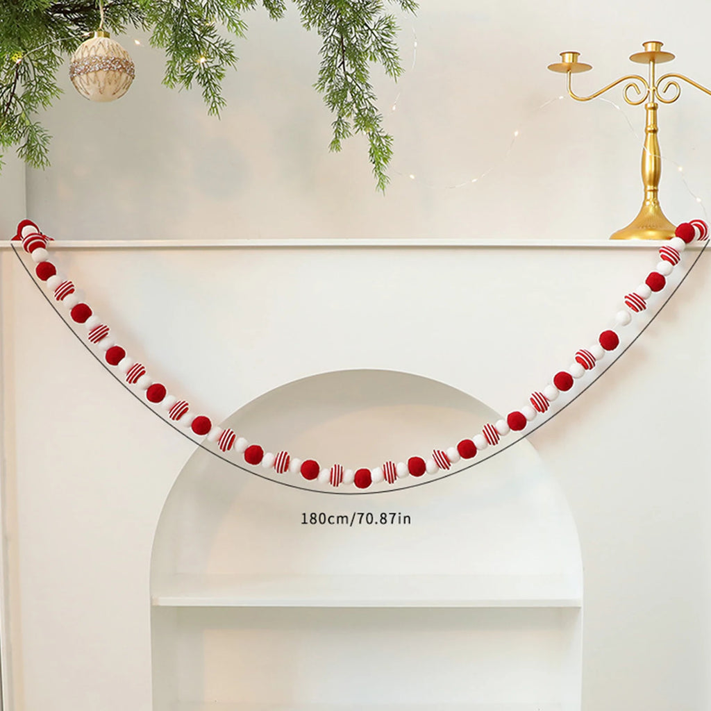 Christmas Felt Ball Garland Red＆White Candy Ball Pom Pom Garlands for Xmas Tree Festive Mantle Wall Fireplace Hanging Decor