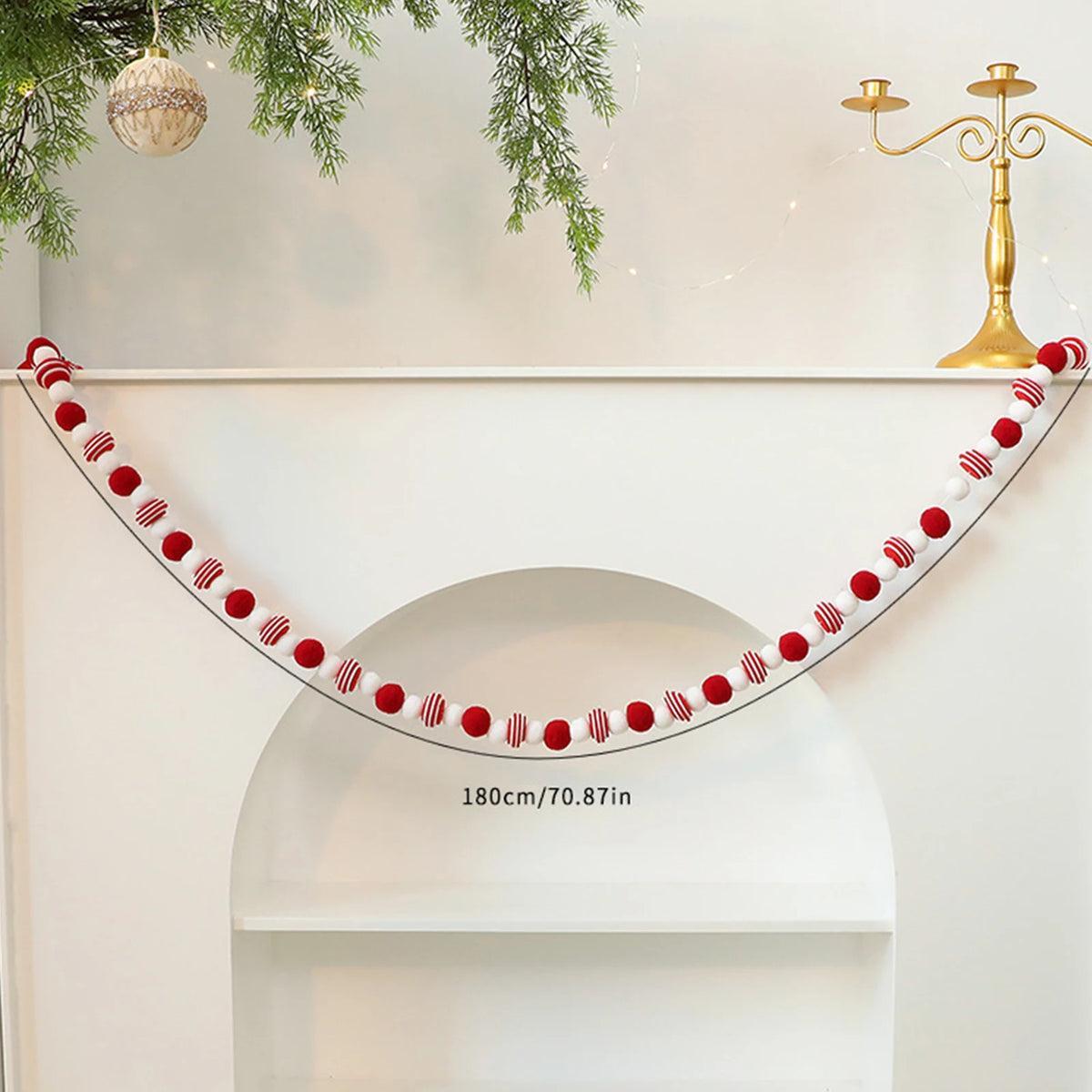 Christmas Felt Ball Garland Red＆White Candy Ball Pom Pom Garlands for Xmas Tree Festive Mantle Wall Fireplace Hanging Decor