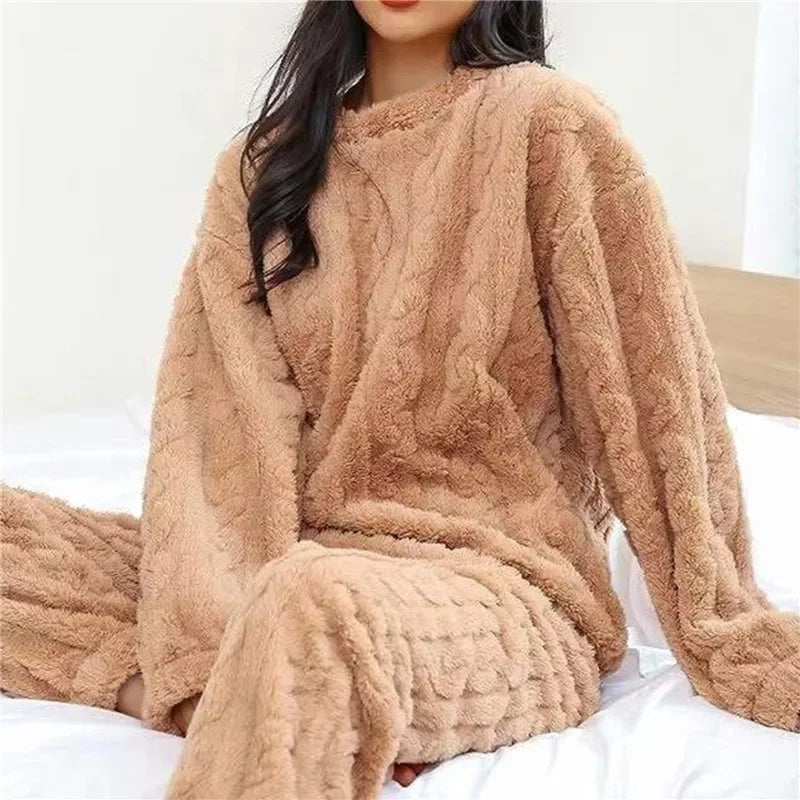 Women Coral Velvet Jacquard Pajama Set Soft Warm Winter Loungewear Comfortable Homewear for Christmas Valentine's Day Gift