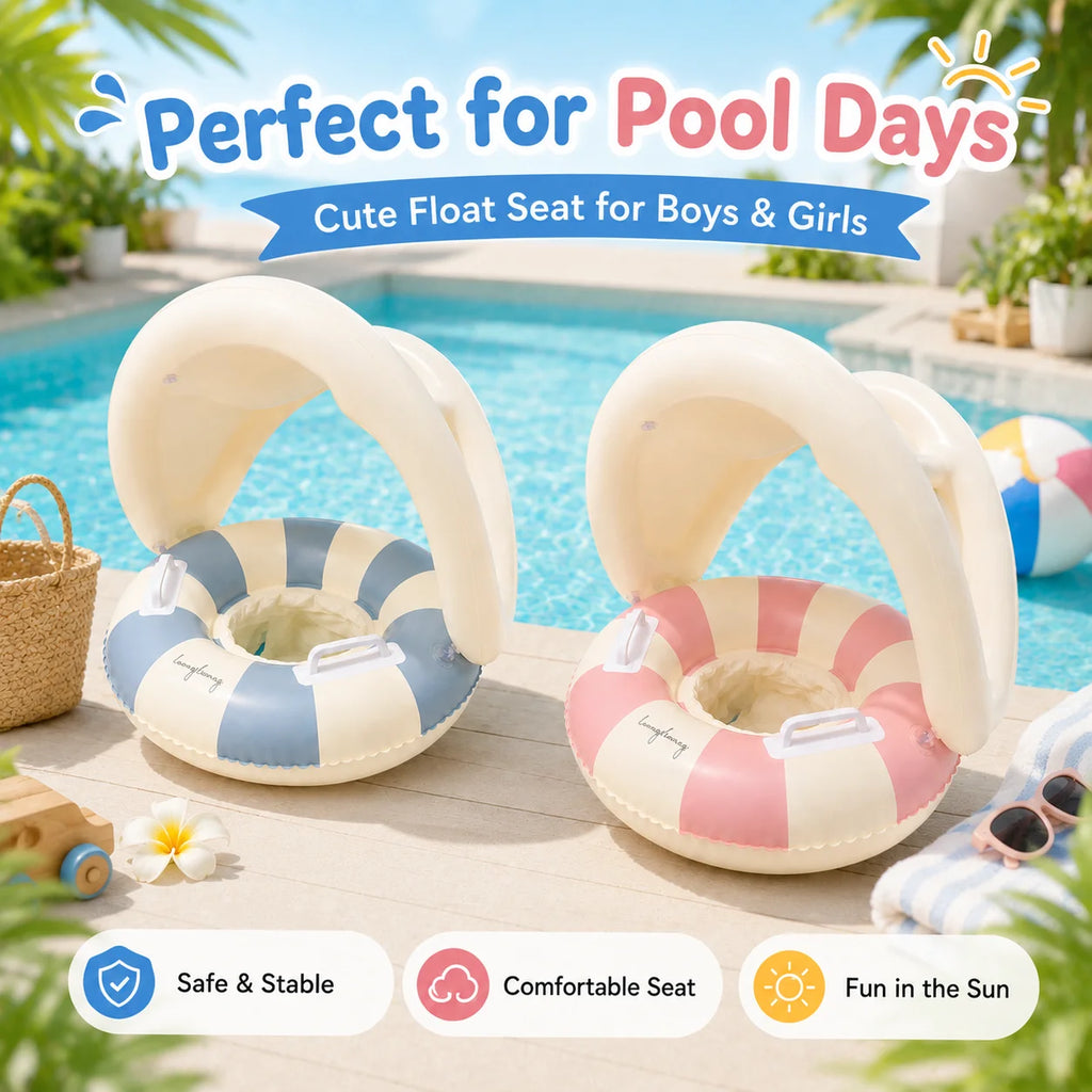 Baby Swim Ring Inflatable Summer Pool Float Seat with Canopy Sunshade Handles Cartoon Swimming Ring for Boys Girls Toddler 40lbs