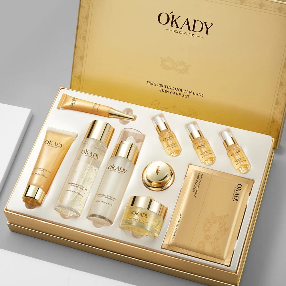 OKADY 10-Piece Peptide Skincare Set for Women, Hydrating & Moisturizing Face Care Kit with Cleanser, Toner, Serum x3, Lotion, Eye Cream, Face Creams and Eye Mask, Daily Skin Care Routine in a Gold Gift Box, Birthday, Christma