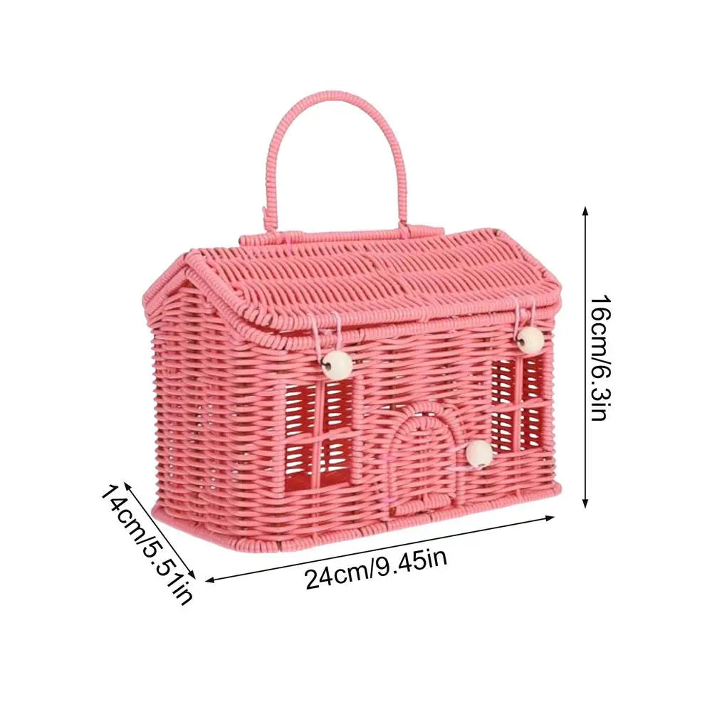 Imitation Rattan House Shaped Basket With Lid Handle Decorative Hand Woven Shelf Portable  Organizer Home Decor Storage Baskets