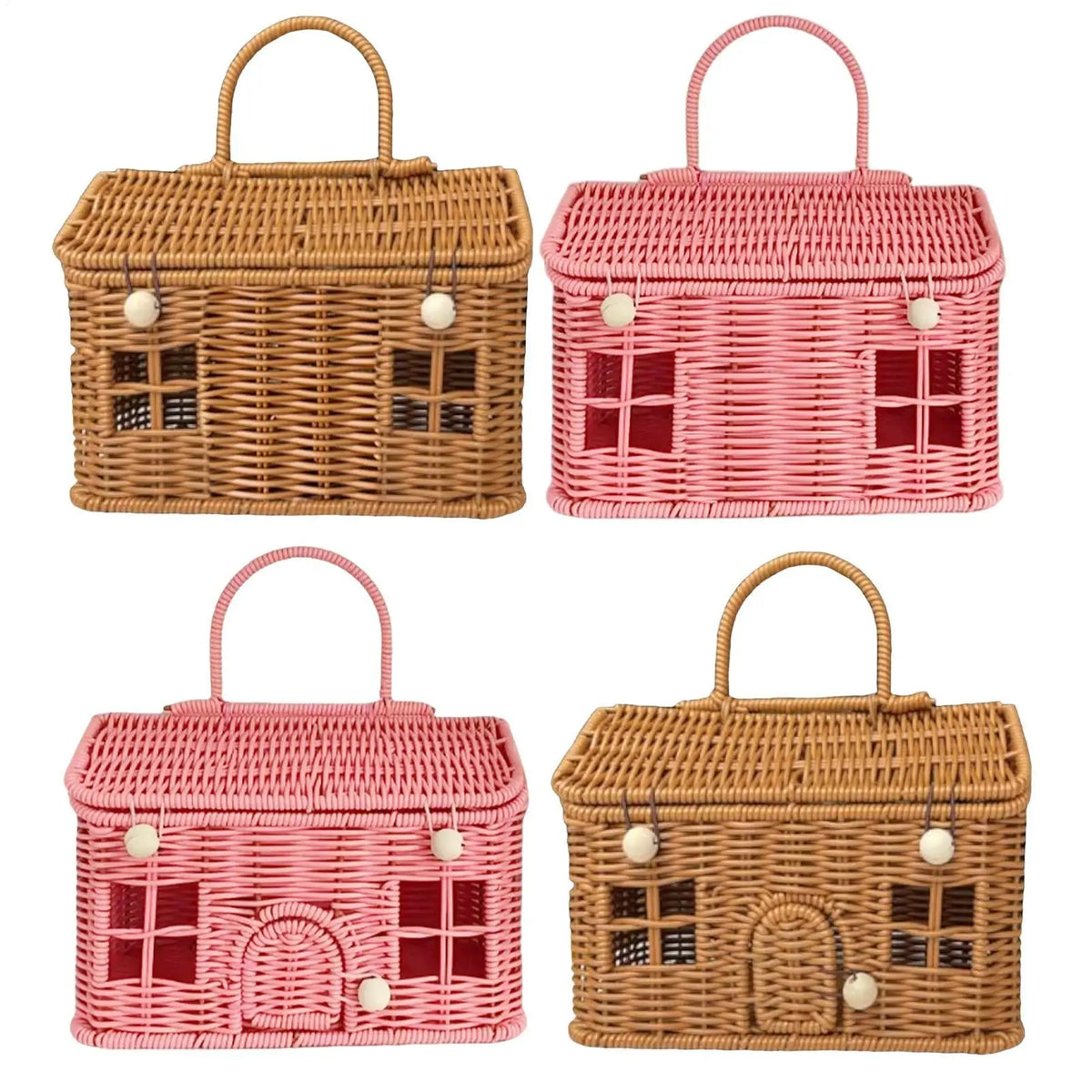 Imitation Rattan House Shaped Basket With Lid Handle Decorative Hand Woven Shelf Portable  Organizer Home Decor Storage Baskets