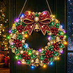 DIY Diamond Art Christmas Wreath 25cm With LED String Light Double‑Sided Printed One Side Diamond Sticking Xmas Hanging Wreath