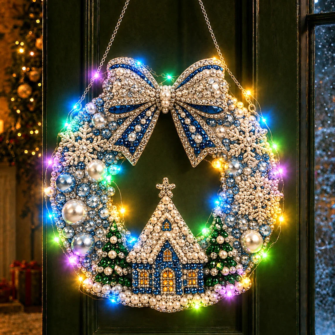 DIY Diamond Art Christmas Wreath 25cm With LED String Light Double‑Sided Printed One Side Diamond Sticking Xmas Hanging Wreath