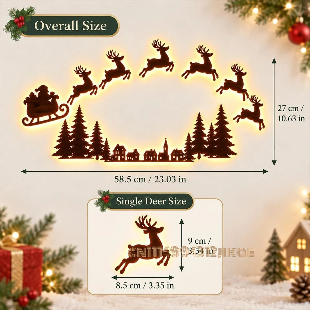 Lighted Santa Sleigh Reindeer Christmas Wall Decor Remote Set,Warm white glow, wooden cutout design, flexible layout