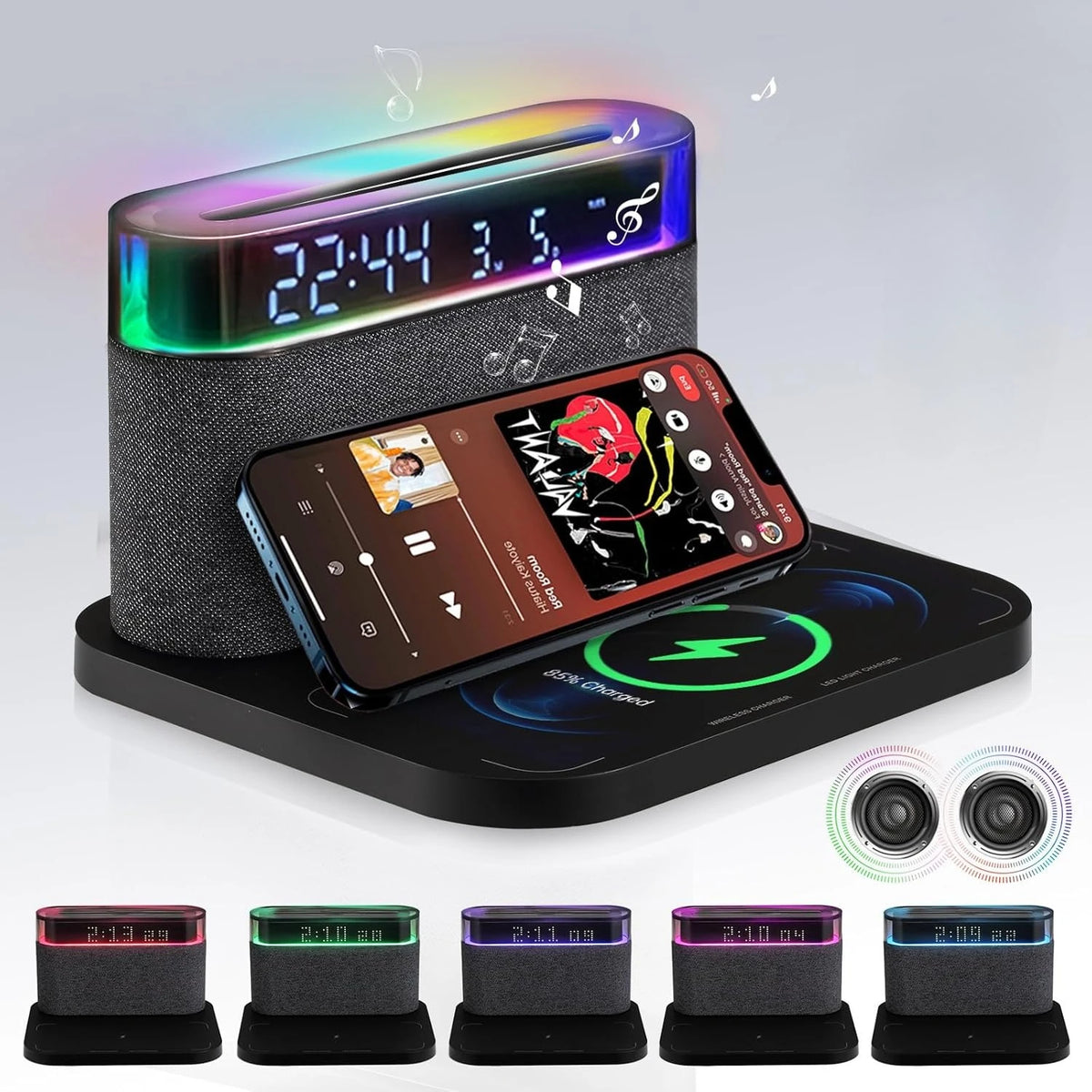 6-in-1 Bluetooth Alarm Clock – Wireless Charger, Speaker Night Light (3 Colors) for IPhone, Apple Watch, AirPods  iphone charger