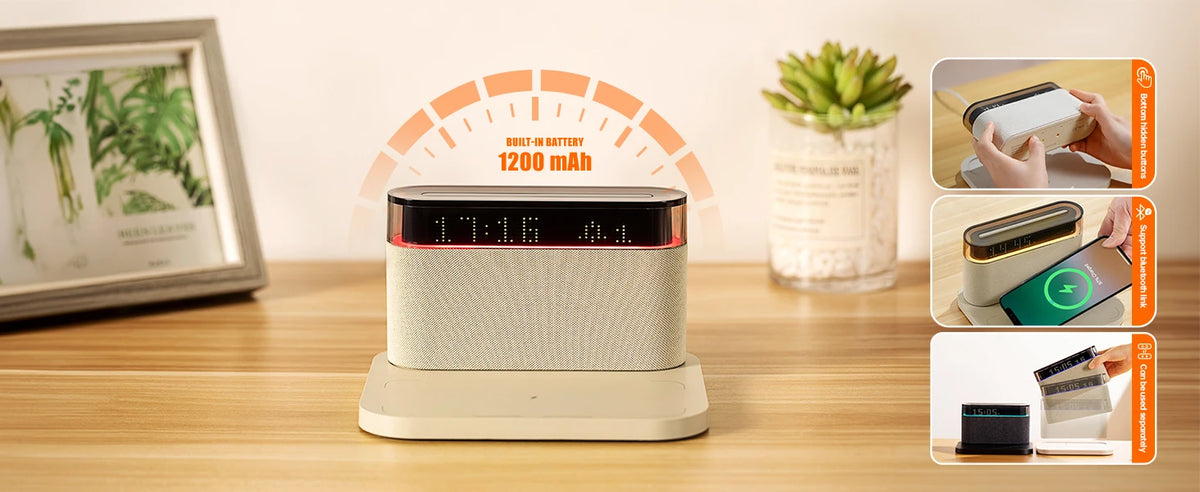 6-in-1 Bluetooth Alarm Clock – Wireless Charger, Speaker Night Light (3 Colors) for IPhone, Apple Watch, AirPods  iphone charger