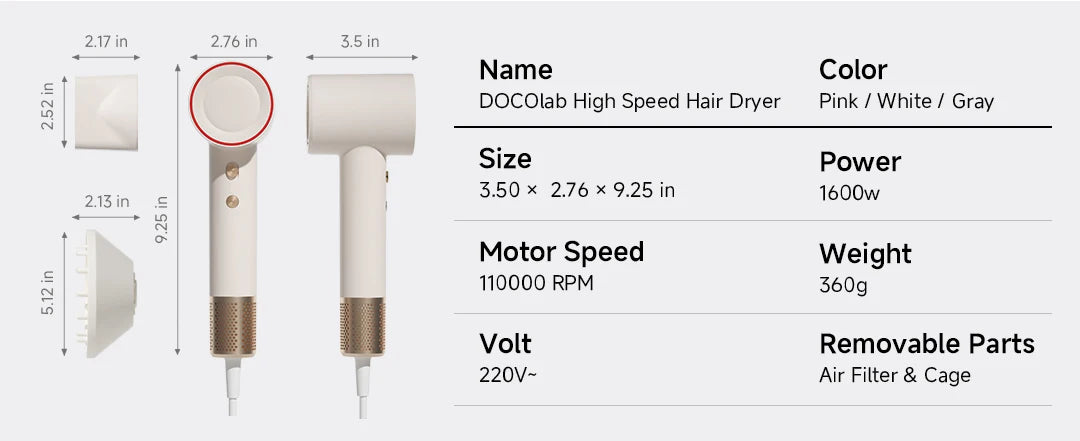 DOCO High Speed Hair Dryer 75m/s Wind Speed Negative Ion Hair Care 110000 Rpm UK/EU Plug Lightweight Home Travel Gift