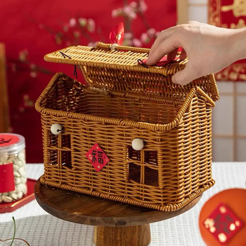 Rattan House Shaped Basket With Lid Decorative﻿ Handle With Harvest Basket Folding Woven Organizer Rattan House Shaped Basket
