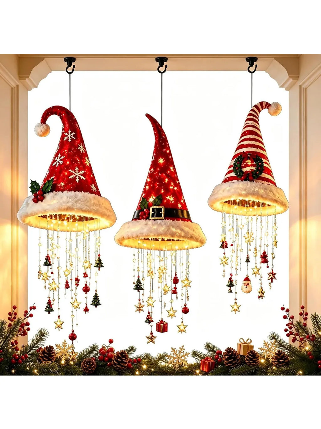 Christmas Santa Hat Chandelier DIY Lighted Hanging Chandelier Xmas Ornaments Glow in the Dark New Year Festive Party Decoration