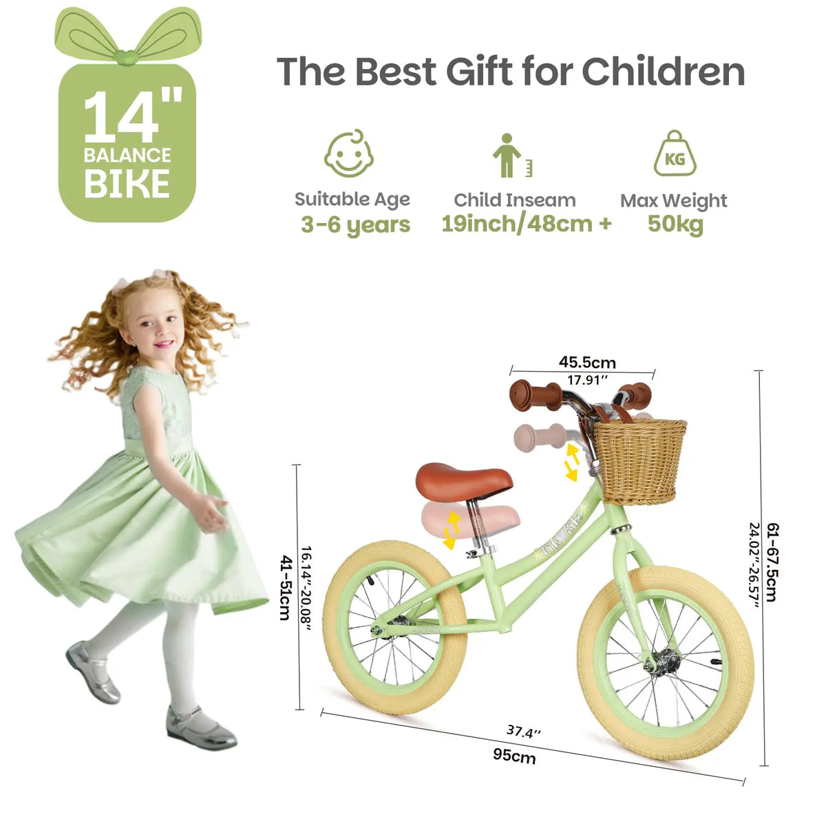 14 Inch Kids Balance Bike, Lightweight Height-adjustable Push Bike with Removable Basket and Rubber Air Tires