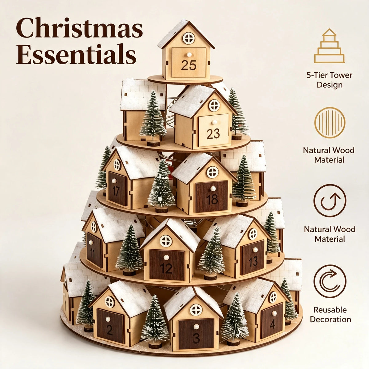 Wooden Christmas Advent Calendar 24, Days House Shape Countdown Ornament, Xmas Tree Decoration Gift For, Kids Home Party Decor