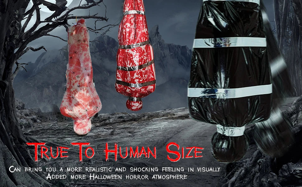 Horror Halloween Outdoor Decoration 59inch Creepy Corpse Props Set Scary Fake Bloody Body Bag Haunted House Hanging Decorations