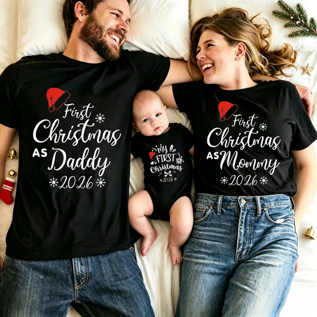 First Christmas As Daddy Mommy Brother Sister 2026 Family Matching Outfits Santa Hat Print Family Look Xmas T‑Shirt Baby Romper