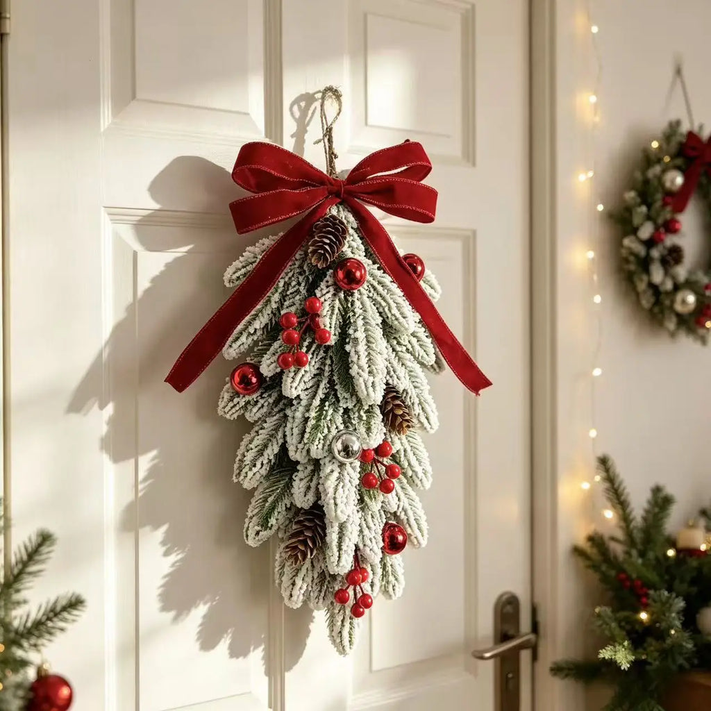 50cm LED Artificial Garland Stair Wreath Red Bow Knot Prelit Christmas Wreath Garland Pine/Bow for Front Door Wall Window Stair