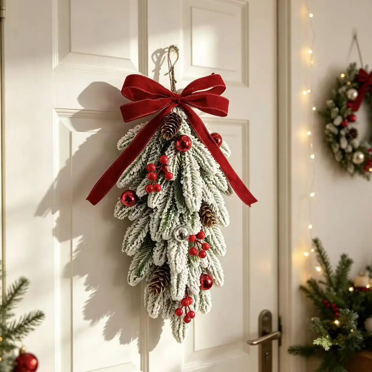 50cm LED Artificial Garland Stair Wreath Red Bow Knot Prelit Christmas Wreath Garland Pine/Bow for Front Door Wall Window Stair
