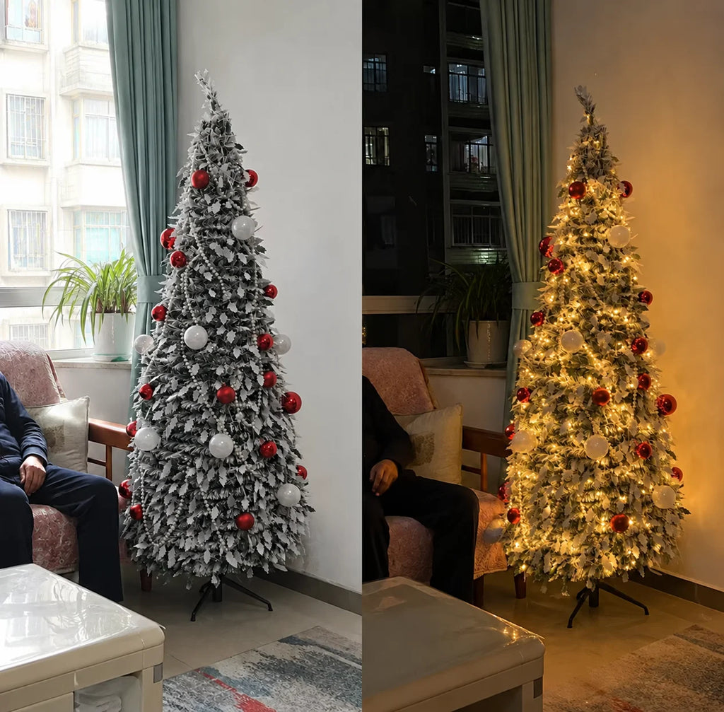 Flocked PVC Christmas Tree 1.5/1.8/2.1M Pre‑Attached Baubles, Foldable Xmas Tree with USB String Lights for Home Holiday Decor