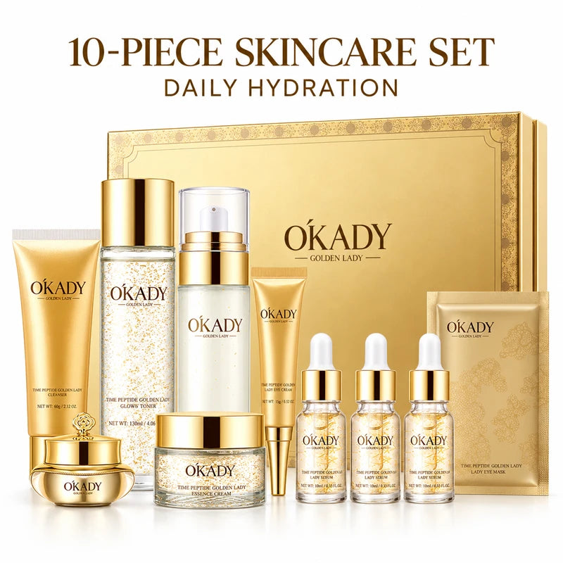 OKADY 10-Piece Peptide Skincare Set for Women, Hydrating & Moisturizing Face Care Kit with Cleanser, Toner, Serum x3, Lotion, Eye Cream, Face Creams and Eye Mask, Daily Skin Care Routine in a Gold Gift Box, Birthday, Christma