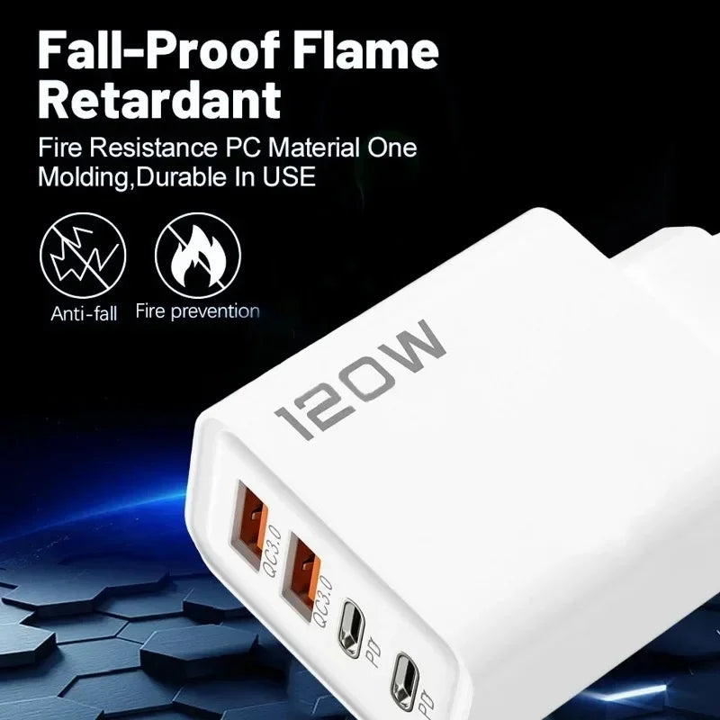 Fast Charging USB Type C Charger 120W 4 Port PD Quick Charge 3.0 For iPhone Samsung Xiaomi Huawei EU US UK Plug Phone Adapter