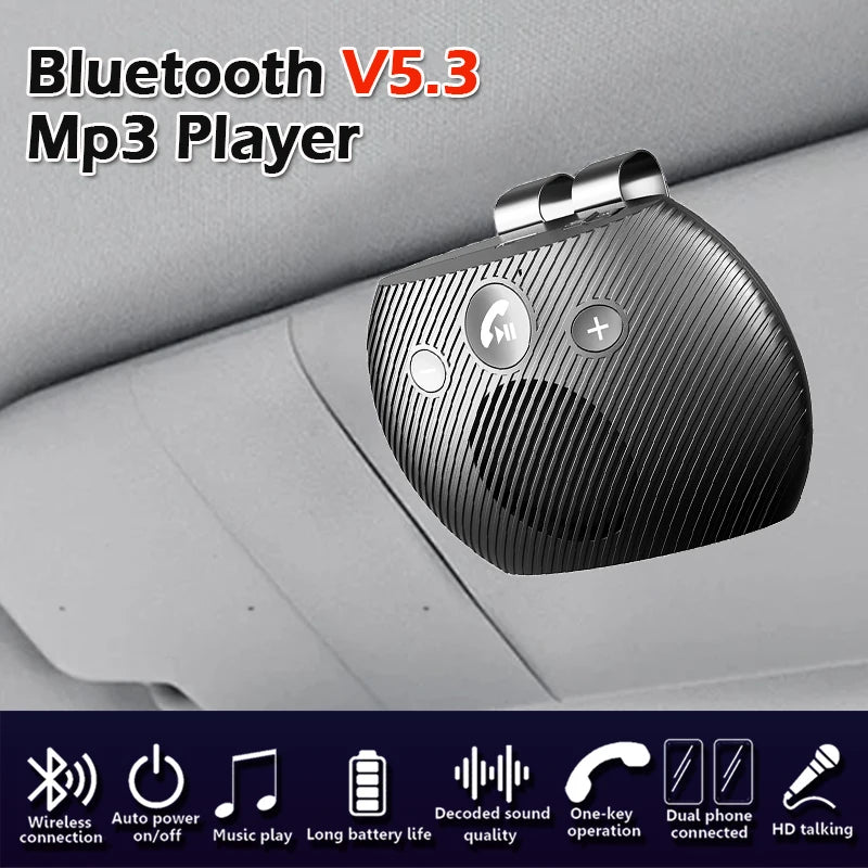 Bluetooth 5.0 Handsfree Car Kit Hifi Speaker 2W Wireless Audio Receiver MP3 Music Player Noise Cancelling Sun Visor Clip