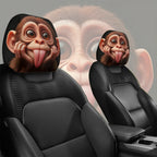 Cute and funny tongue-sticking macaque breathable car headrest cover 2pcs, festival gift, car interior parts, flexible design