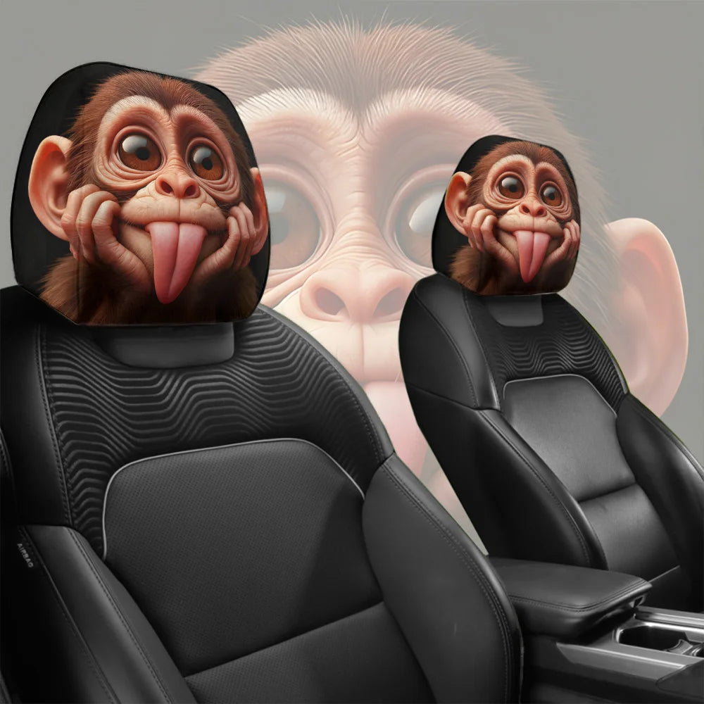 Cute and funny tongue-sticking macaque breathable car headrest cover 2pcs, festival gift, car interior parts, flexible design