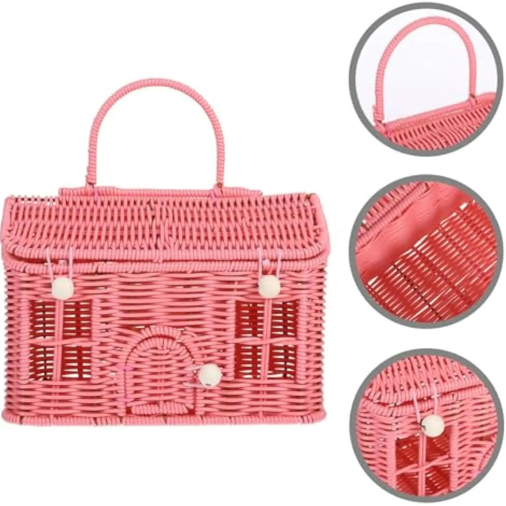 Imitation Rattan House Shaped Basket With Lid Handle Decorative Hand Woven Shelf Portable  Organizer Home Decor Storage Baskets