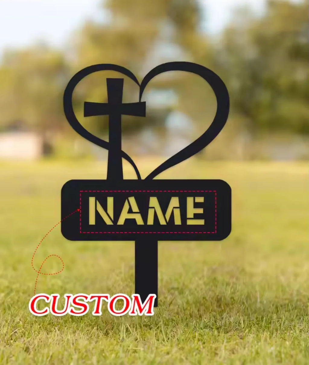 Personalized Metal Heart with Cross Sign Grave Maker Black Custom Memorial Stake Personalized Loss of Loved One Cemetery Stake f