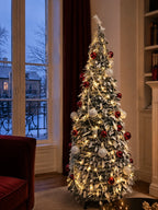 Flocked PVC Christmas Tree 1.5/1.8/2.1M Pre‑Attached Baubles, Foldable Xmas Tree with USB String Lights for Home Holiday Decor