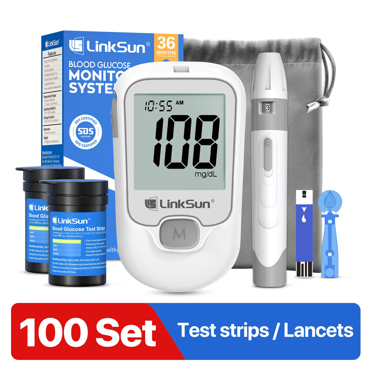 LinkSun G-425-1 Blood Glucose Meter Kit — 50 or 100 Strips