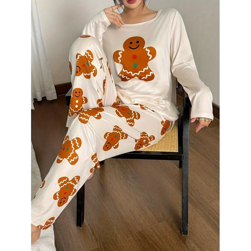 This year's new women's Doz Lane Gingerbread Man print casual Christmas pajama set