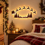 Lighted Santa Sleigh Reindeer Christmas Wall Decor Remote Set,Warm white glow, wooden cutout design, flexible layout