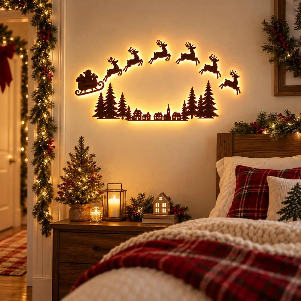 Lighted Santa Sleigh Reindeer Christmas Wall Decor Remote Set,Warm white glow, wooden cutout design, flexible layout