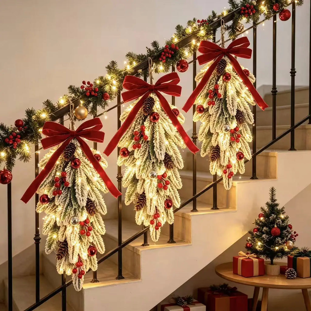 50cm LED Artificial Garland Stair Wreath Red Bow Knot Prelit Christmas Wreath Garland Pine/Bow for Front Door Wall Window Stair