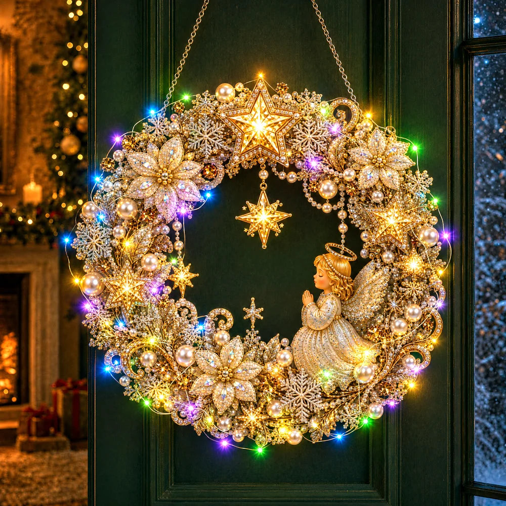 DIY Diamond Art Christmas Wreath 25cm With LED String Light Double‑Sided Printed One Side Diamond Sticking Xmas Hanging Wreath