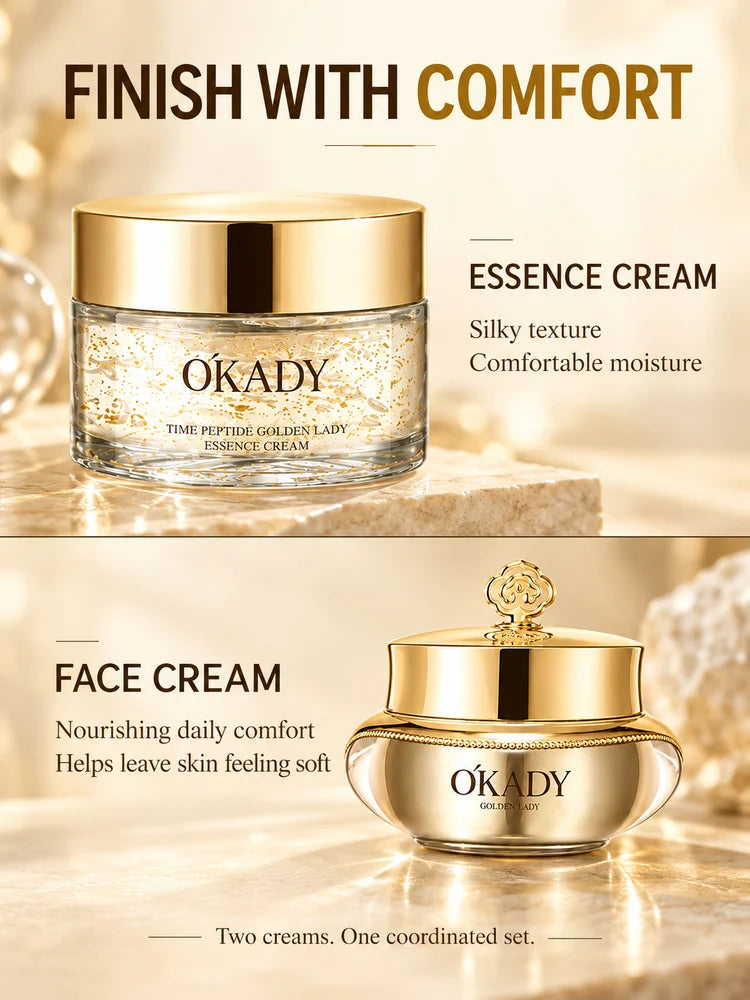 OKADY 10-Piece Peptide Skincare Set for Women, Hydrating & Moisturizing Face Care Kit with Cleanser, Toner, Serum x3, Lotion, Eye Cream, Face Creams and Eye Mask, Daily Skin Care Routine in a Gold Gift Box, Birthday, Christma