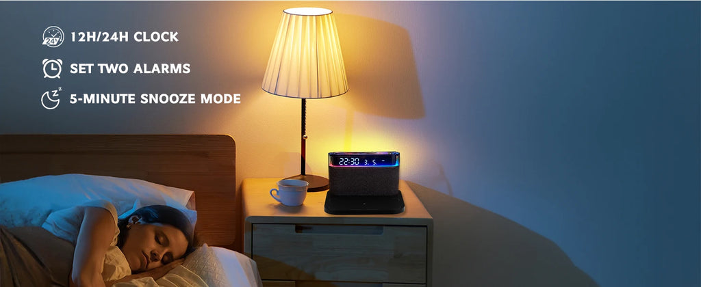 6-in-1 Bluetooth Alarm Clock – Wireless Charger, Speaker Night Light (3 Colors) for IPhone, Apple Watch, AirPods  iphone charger