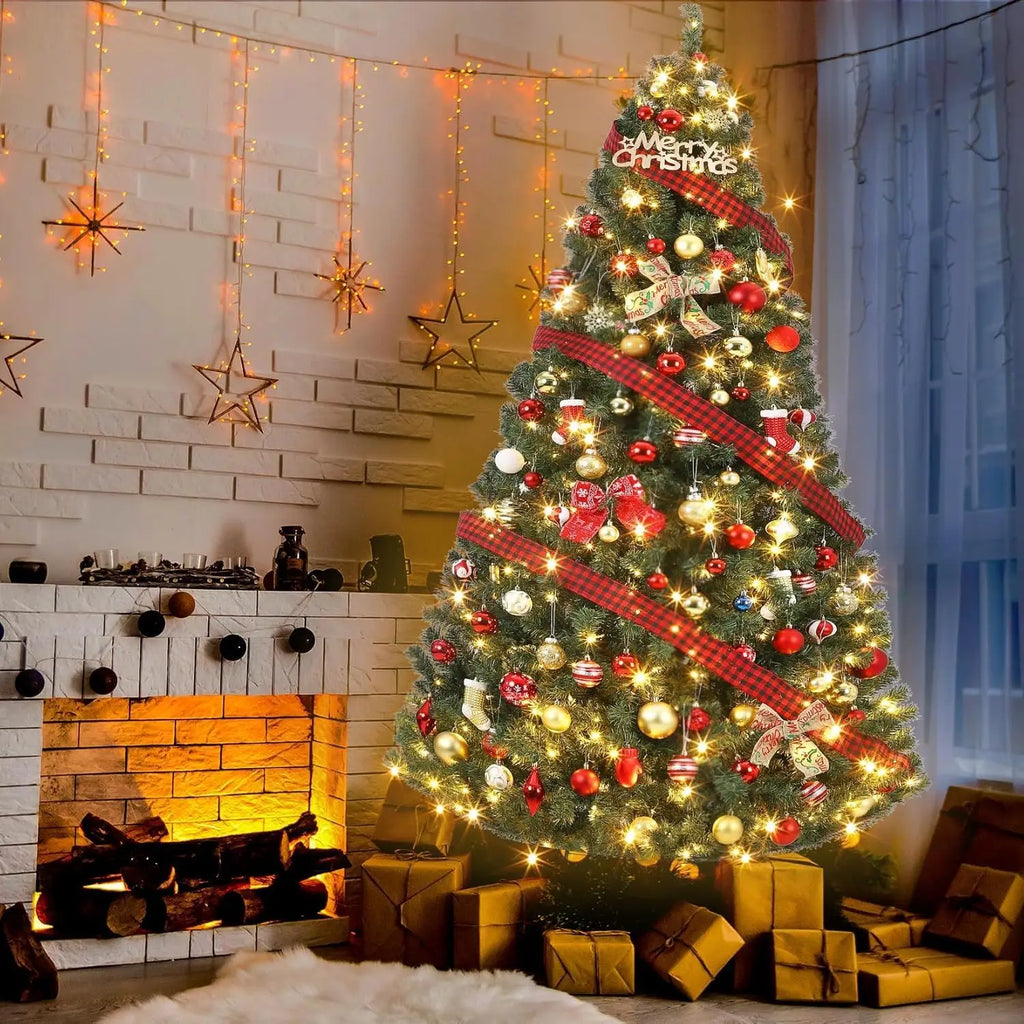 7.5FT Unlit Artificial Christmas Tree, Dense Full Wide Hinged Branches, Realistic Spruce, Collapsible Metal Stand, Flame Retardant PVC