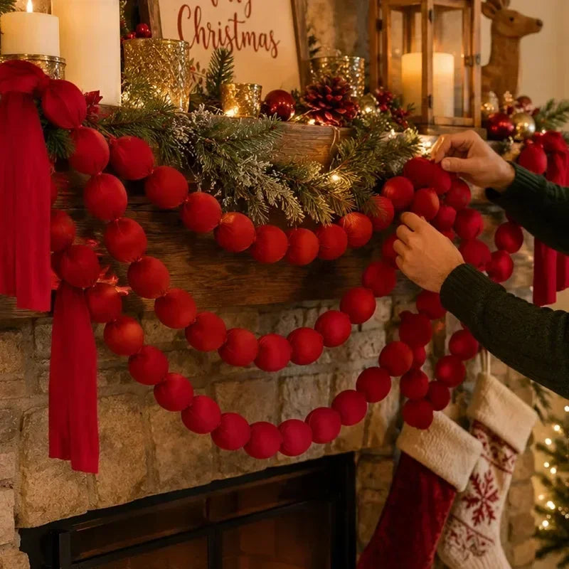 Christmas Hanging Ball Garland Red Cloth Ball String DIY Xmas Tree Window Hanging Decor Smooth Soft Fabric Balls Party Supply