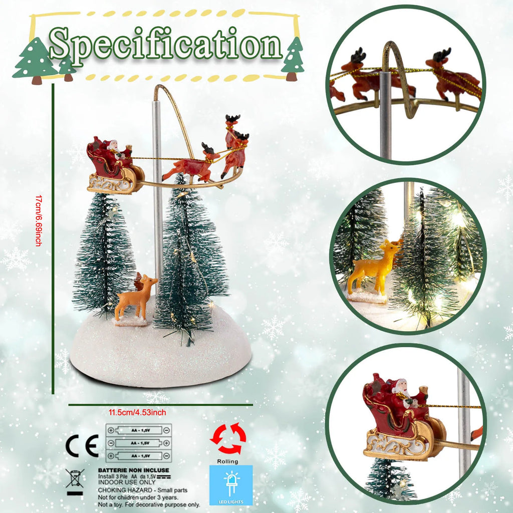 Christmas Village Animated Flying Sleigh Accessory Figurines, Lights Musical with Rotating Santa & Sleigh Holiday Decorations