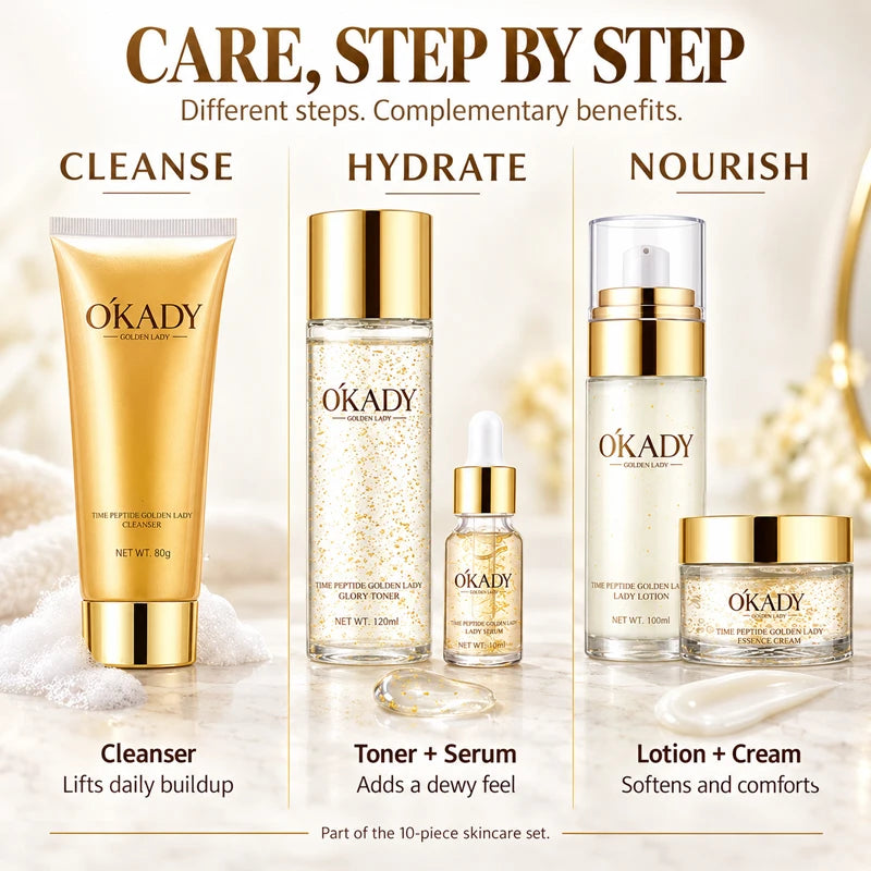 OKADY 10-Piece Peptide Skincare Set for Women, Hydrating & Moisturizing Face Care Kit with Cleanser, Toner, Serum x3, Lotion, Eye Cream, Face Creams and Eye Mask, Daily Skin Care Routine in a Gold Gift Box, Birthday, Christma