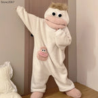 Adult Pajamas Funny Big Mouth Monster Matching Jumpsuit Fall Winter Couple Ready Thick Coral Fleece Loungewear for Men and Women